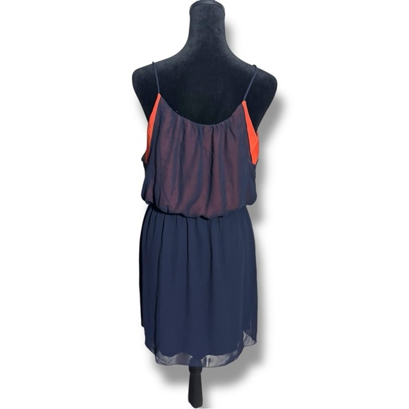 Sweet Storm Sheer Navy Blue Over Orange Gathered Waist Sleeveless Mini Sundress - Picture 4 of 14